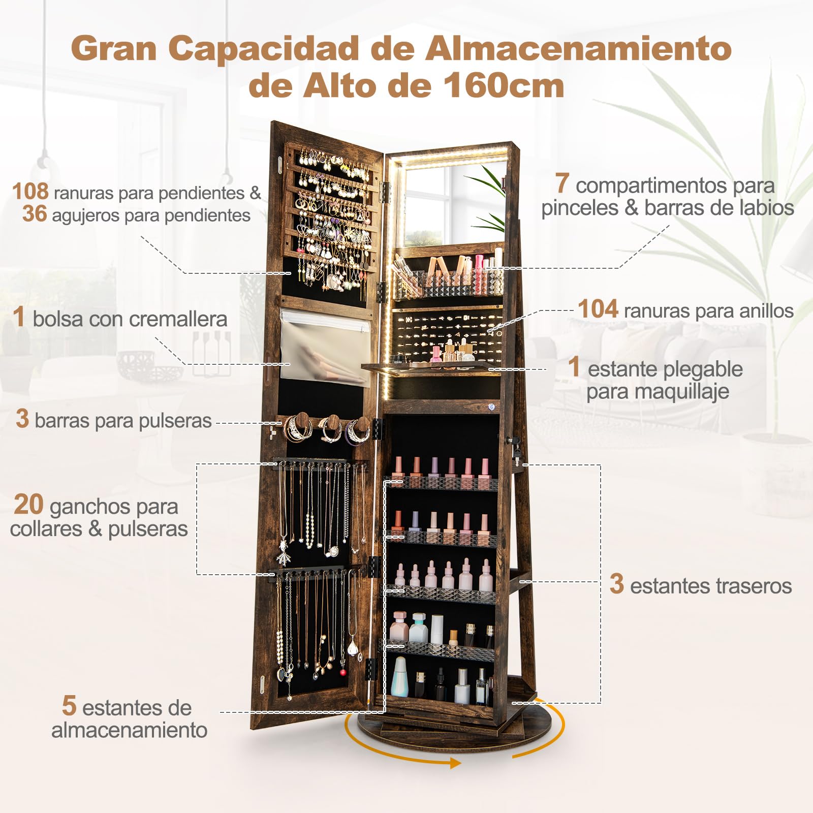 COSTWAY Armario Joyas Gabinete Joyería Pie Luces LED 4 en 1 Espejo Joyero Multiuso Cerradura Base Giratoria 360°