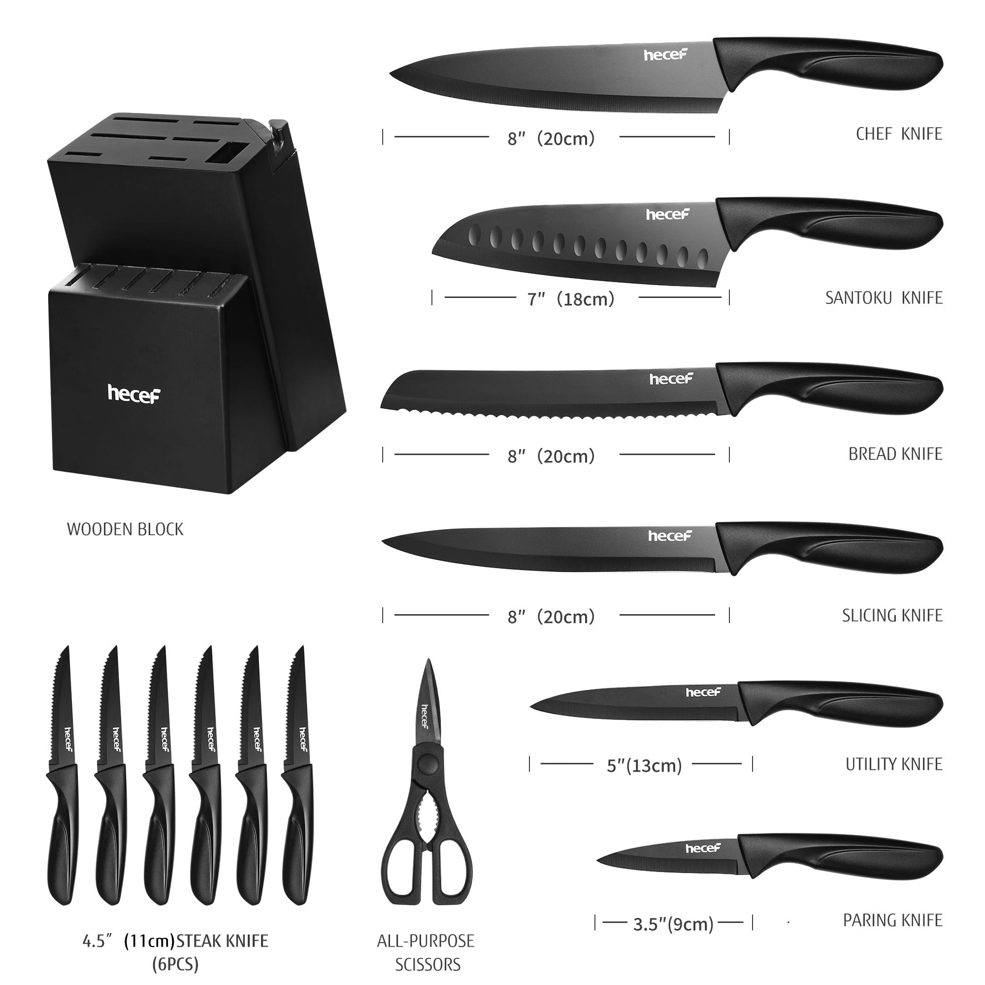 hecef Set de Couteaux de Cuisine 14 Pièces, Bloc Aiguiseur Intégré, Noir | Acier inoxydable, revêtement antiadhésif, manches ergonomiques, gain de place, idéal pour équiper une première cuisine