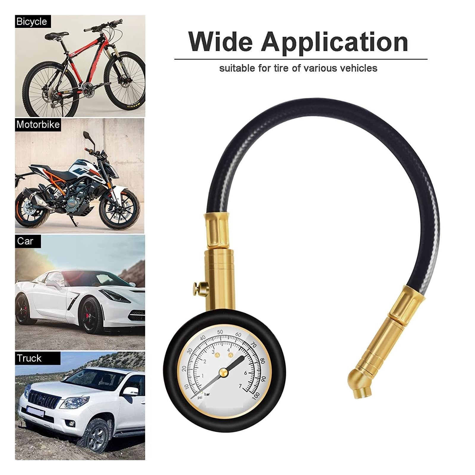 Manometro For Pneumatici 100 Psi 7 Bar Indicatori Accurati For Pneumatici For Auto Tubo Flessibile For Bici Moto Auto