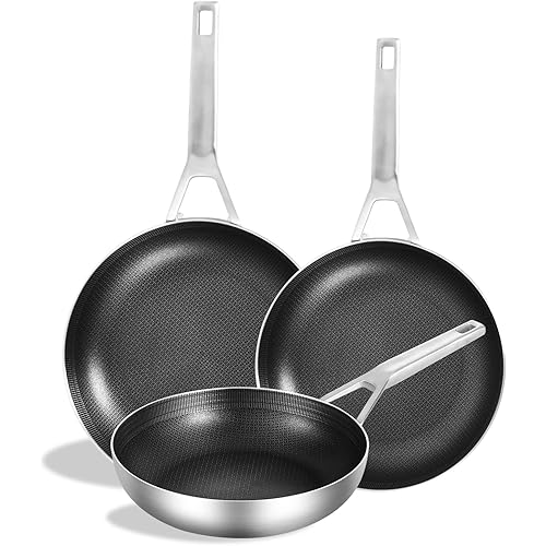 Tri-Ply Fully Bonded Stainless Steel NonStick Frying Pan Set 8”+10”+12" Chef's pan Skillets,Induction Pan Dishwasher and Oven Safe, Compatible with All Cooktops