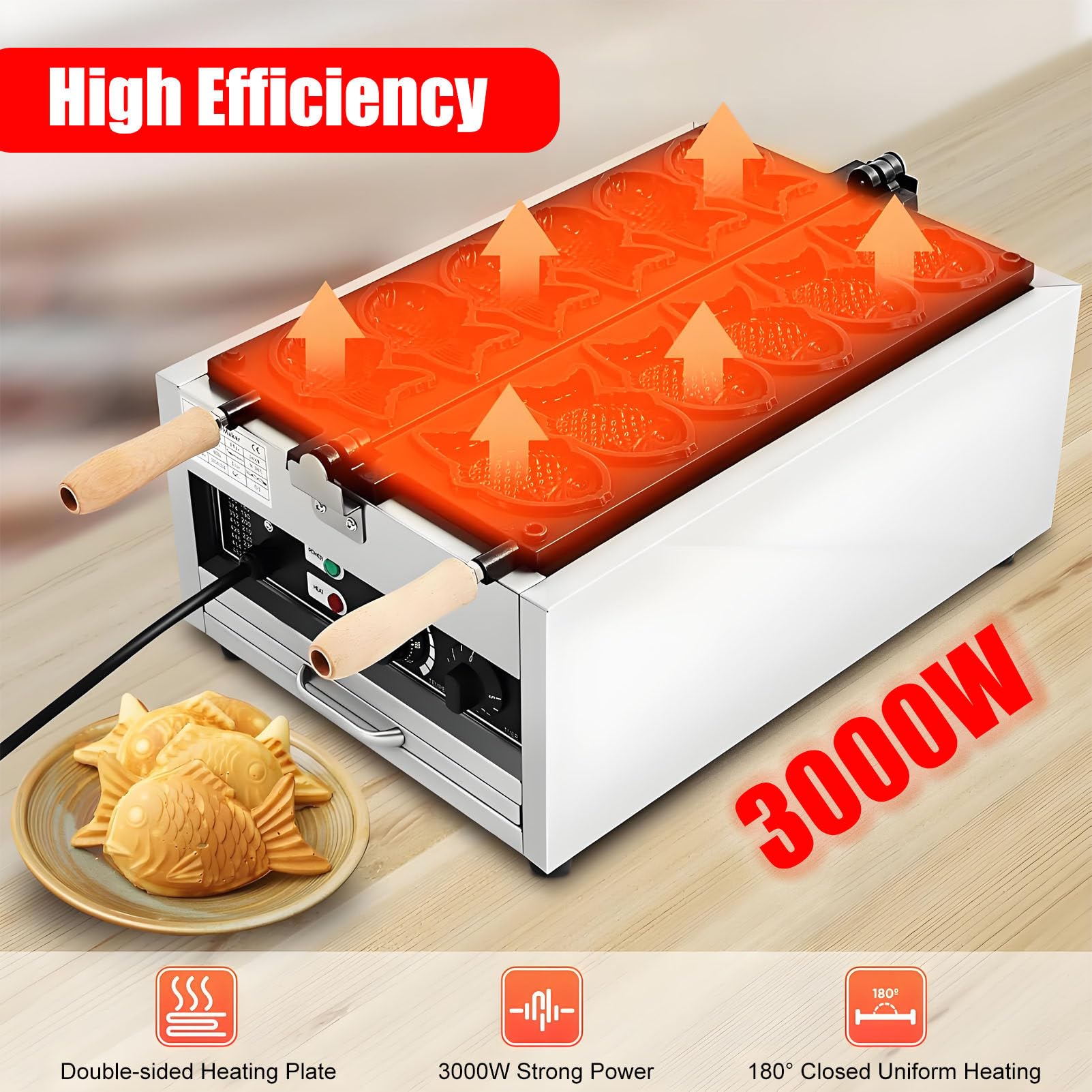 Gofrownica z rybą Taiyaki, 3000 W, 6 szt., komercyjna forma do pieczenia ryb Taiyaki, elektryczna, nieprzywierająca gofrownica dla rodzin, restauracji i sklepów spożywczych