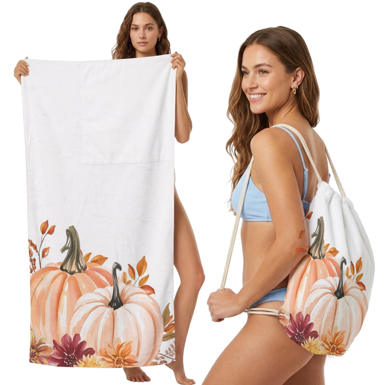 2-in-1 Beach Towel Backpack,Watercolor Pumpkin Thanksgiving Bath Towel with Built-in Storage Autumn Wildflower Leaves Convertible Foldable Beach Blanket for Travel Pool Gym Camping Swim,31x63in