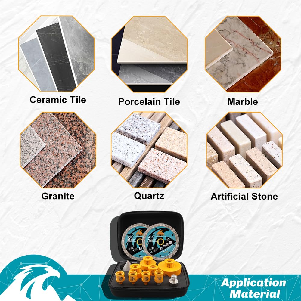Broca de diamante para azulejos (12 piezas, 6/8/25/35/50/68mm+10 mm, mechas de dedos+50 mm, mechas biseladas+adaptador + 2 unidades de 125 mm, disco de diamante para porcelana azulejo mármol