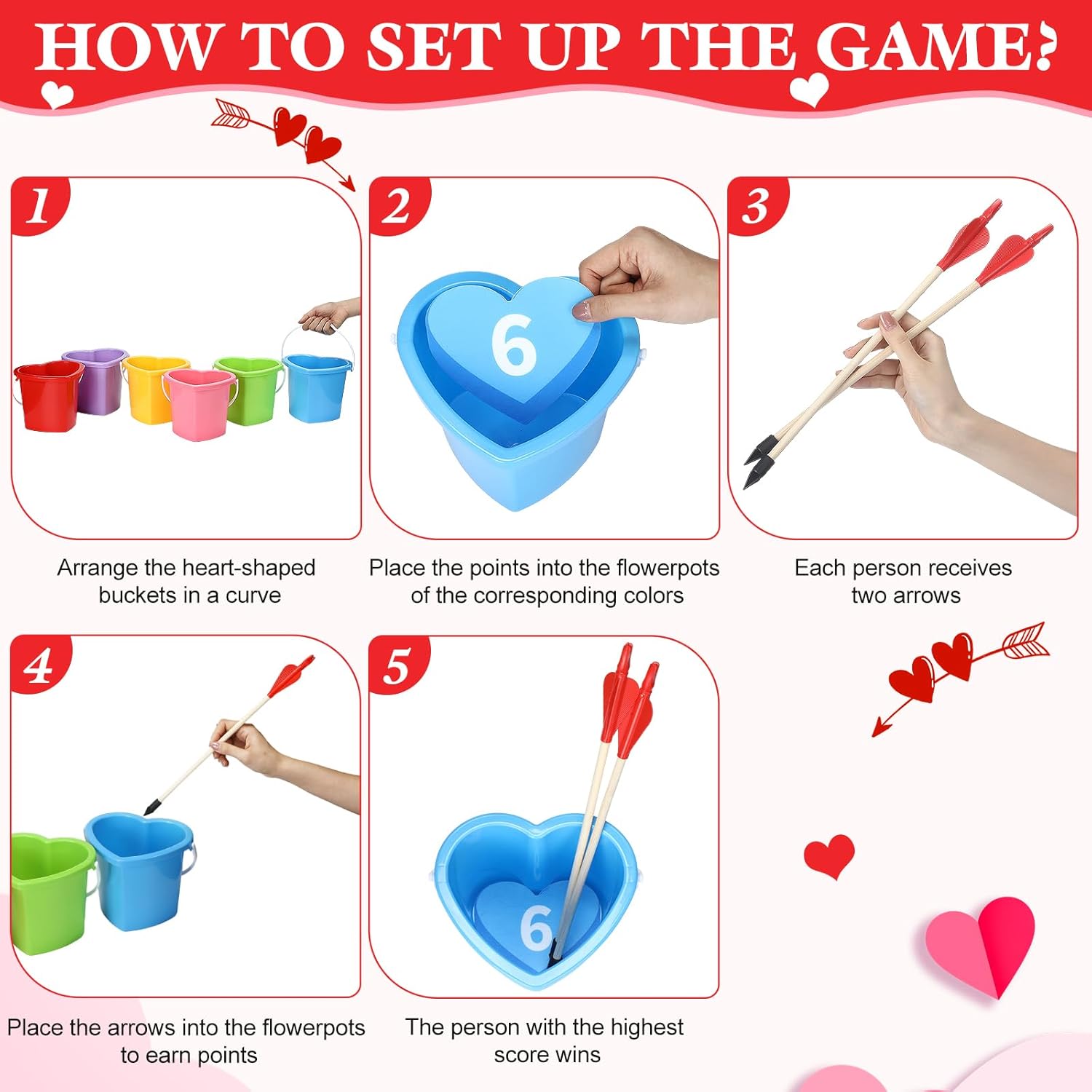 Valentines Day Toss Ball Game with 6 Plastic Love Pots 6 Love Decor 10 Arrow Toss Play for Valentine's Games Indoor Outdoor Games Activities Valentines Gift Exchange Carnival Prizes