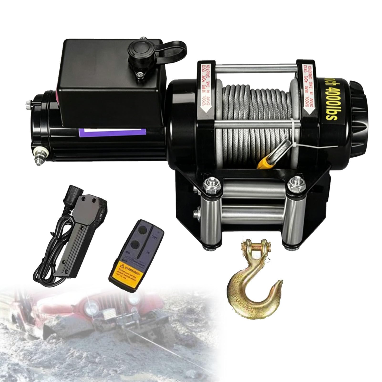 Zowdrix Wireless Remote Control Electric Winch 4500lbs, Steel Rope Winch with Handheld Controller, Heavy Duty Towing Recovery for 4WD Off-Road Truck Boat Trailer 12V-4000lbs
