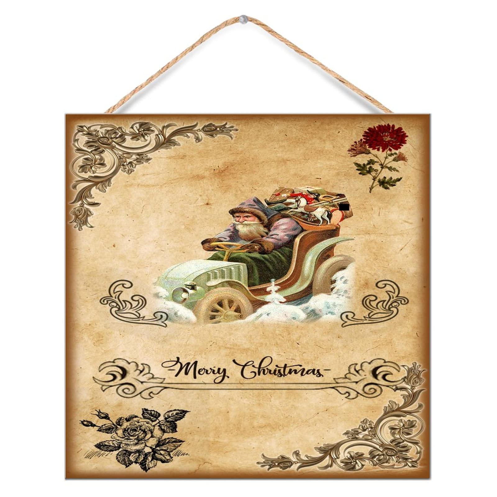 Plaque murale en bois vieilli personnalisé buanderie et Père Noël ancien 30x30 cm