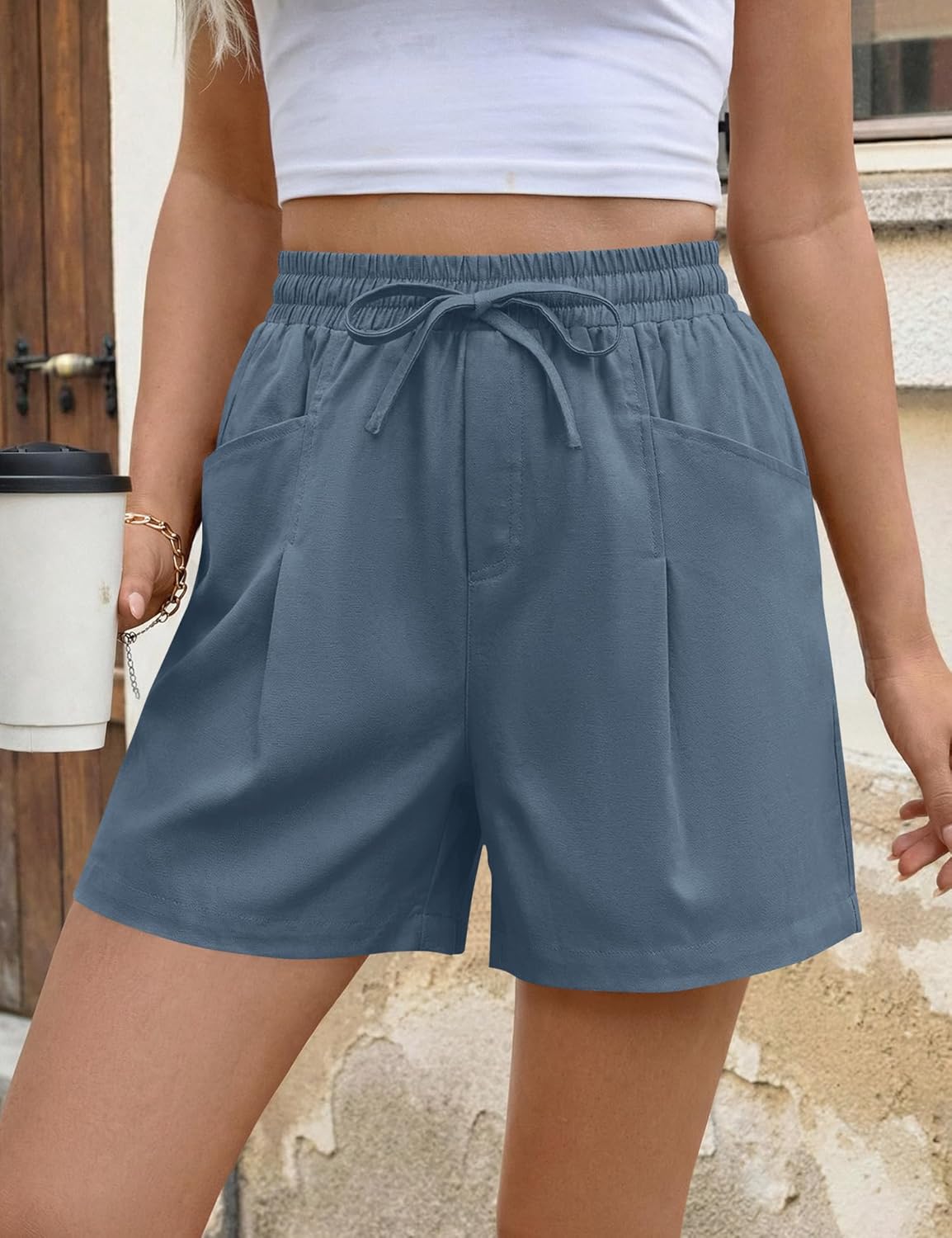 AKEWEI Linen Shorts Women Casual Wide Leg High Waisted Summer Pants Comfy Elastic Waist Drawstring Shorts with Pockets - Image 2