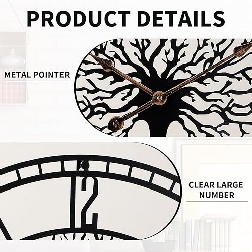 Miniatura 3 de Reloj de pared con diseño de árbol de la vida, de metal negro de 24 pulgadas, reloj de pared de gran tamaño para sala de estar, dormitorio,