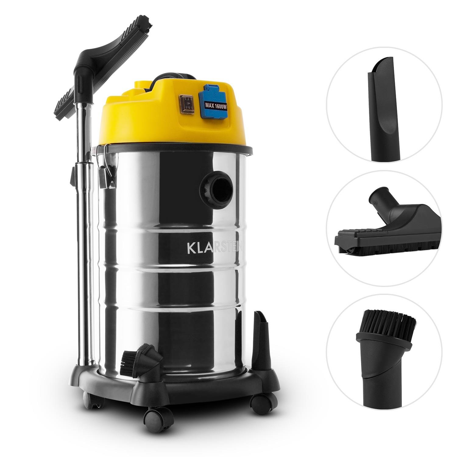 Klarstein Clean Room - Aspirador En Húmedo, Aspirador En Seco, Aspirador Industrial, 1400 W, Depósito De Acero Inoxidable De 30L, Desconexión De Protección, Clase De Protección IP44, Amarillo Plateado