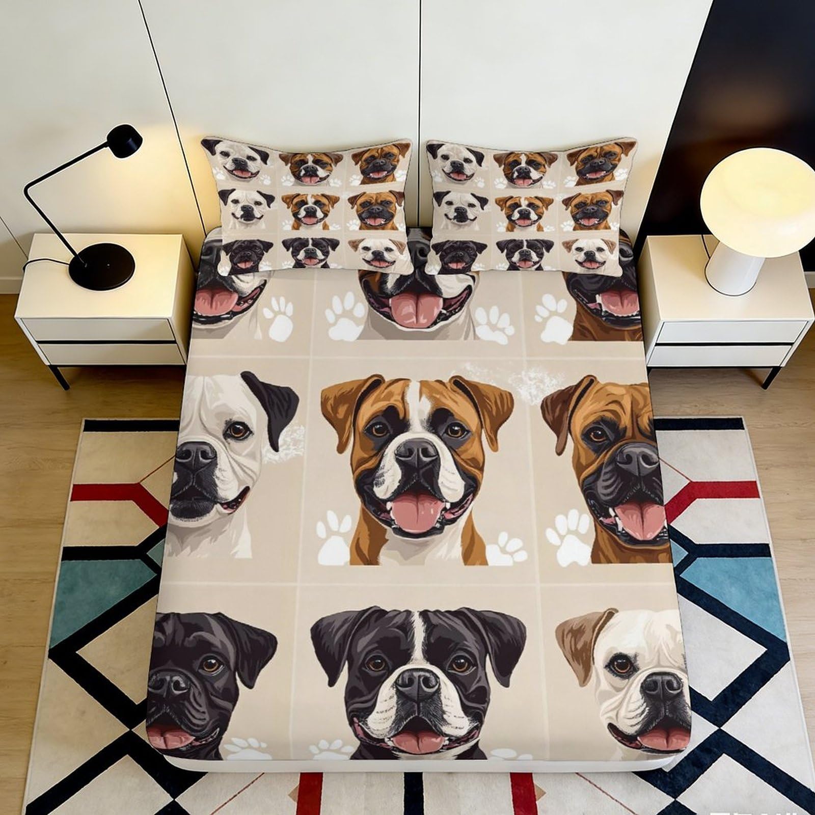 3D Printed Boxer Dog Cartoon Fitted Sheet Microfiber Decorative Animal Bed Cover for Bedroom Guest Room Easy Care Dustproof 90x200x25cm