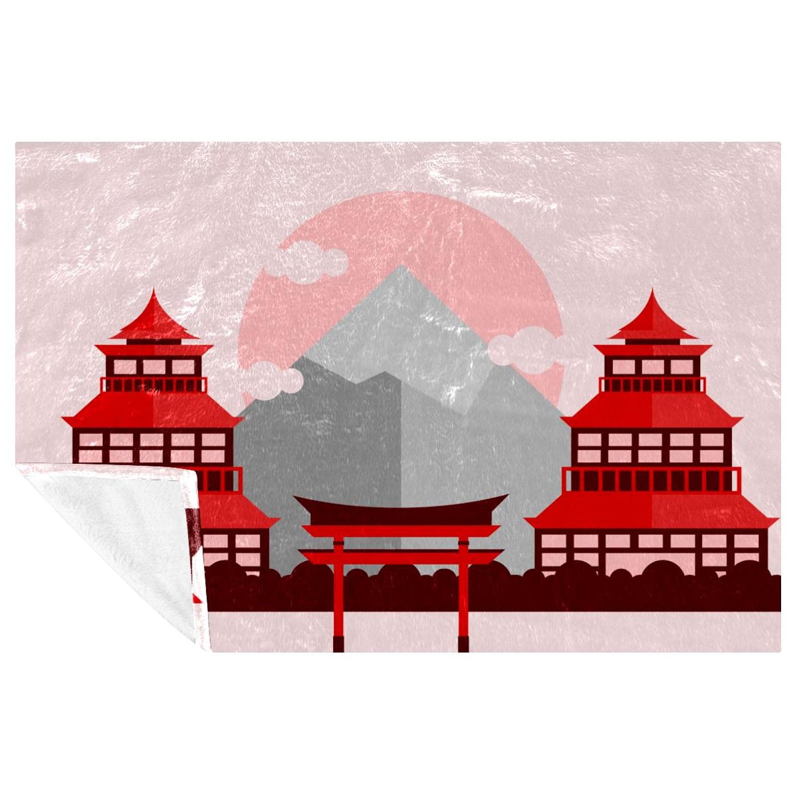 Plaid rouge imprimé sanctuaire japonais 150x100 cm pour lit et canapé