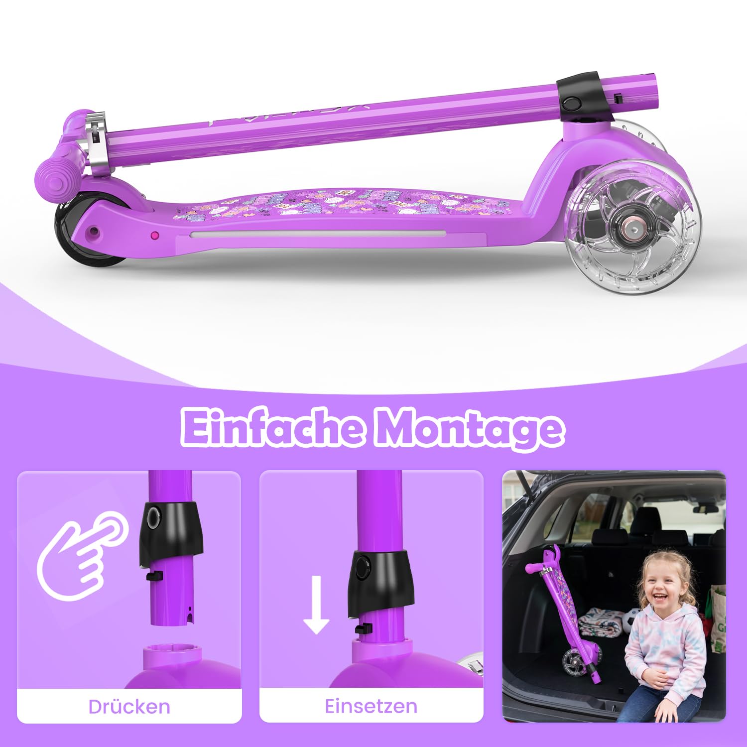 TONBUX Roller Kinder 3 Jahren, Kinder Roller mit Cool Beleuchteten Vorbau, Rädern und Deck, Verstärktes Metall-Deck, Höhenverstellbar 65–80 cm, Sensibler Hinterradbremsen, Roller für von 3–8 Jahren