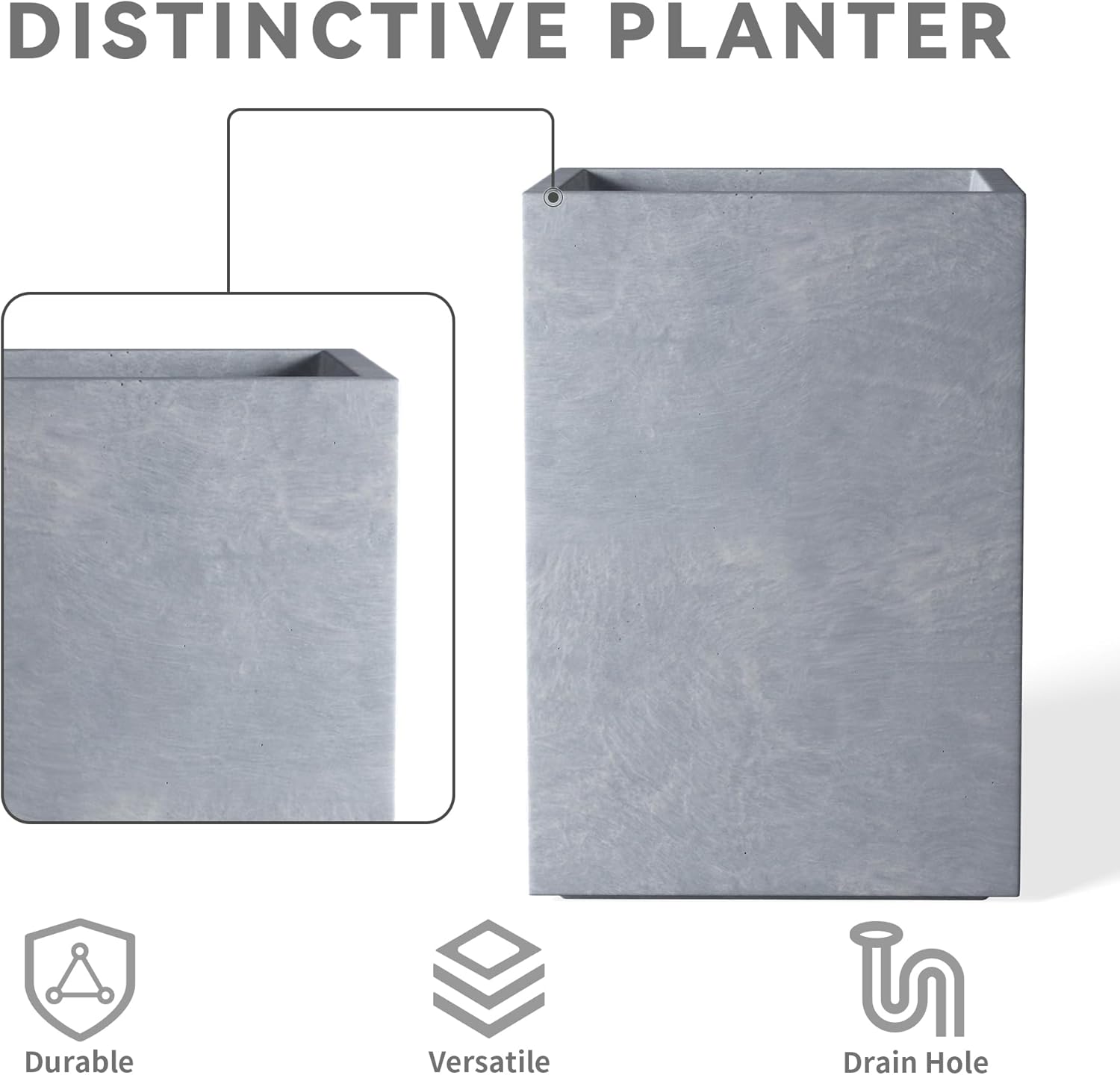 Kante 18.5",15.7",12.6" H Tall Rectangular Concrete Planters Set of 3, Outdoor Indoor Lightweight Plant Pots with Drainage Hole and Rubber Plug, Modern Style for Home Garden Patio, Slate Gray