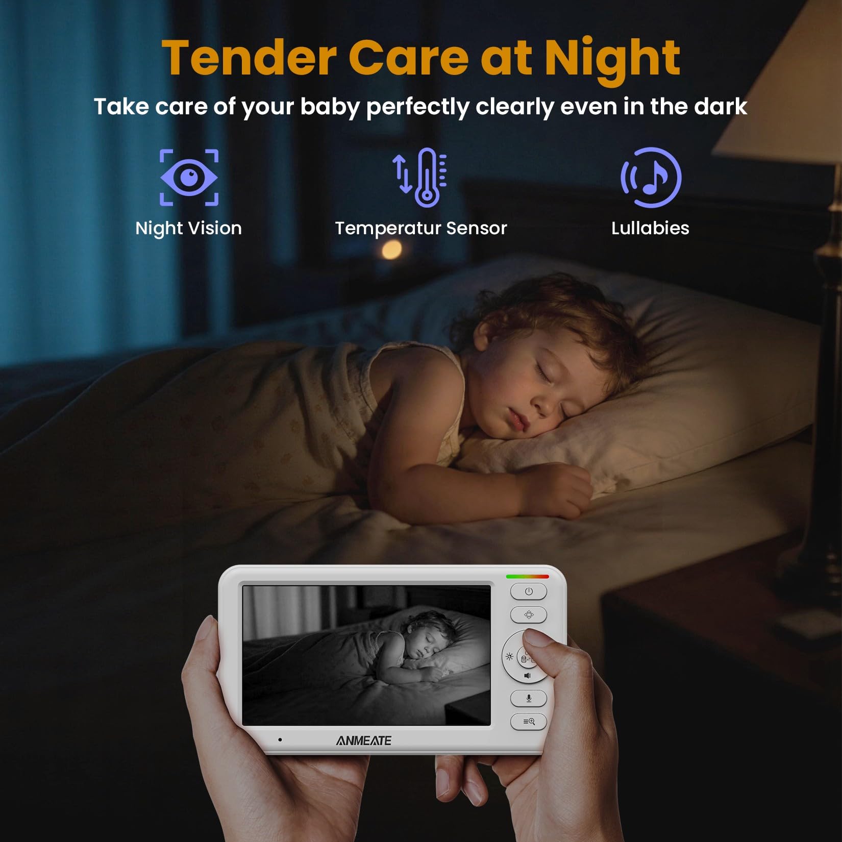 Moniteur bébé avec caméra et audio: caméra bébé 720p sans WiFi, affichage HD 5 pouces, panoramique à distance, inclinaison et zoom, 48 heures d'autonomie de la batterie, vision nocturne HD