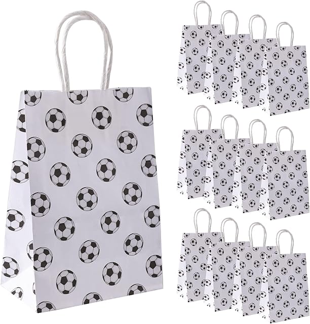 AIEX 16pcs Soccer Party Favor Paper Bags, Football Themed Party Bags with Handles Soccer Goodie Bags Treat Candy Bags for Kids Adults Birthday Party Supplies