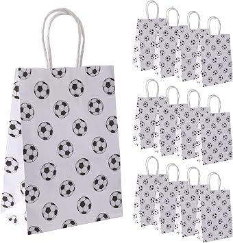 AIEX 16pcs Soccer Party Favor Paper Bags with Handles - Football Themed Soccer Goodie Snacks Treat Bags for Kids and Adults Team Birthday Party Gift Supplies