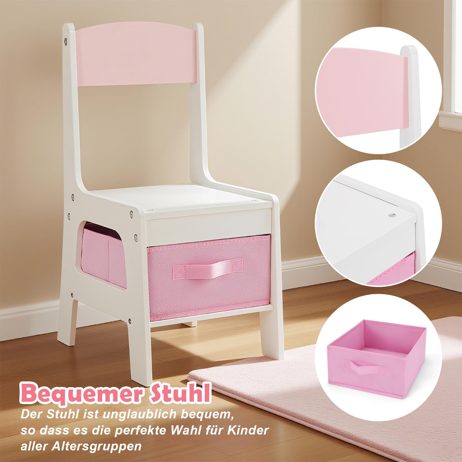 JOYLDIAS 2 in 1 Schminktisch Kinder mit Hocker und LED-Spiegel, Prinzessin Frisiertisch Schreibtisch mit Schublade, Regal und Körbchen, Kinder Schminktisch für mädchen ab 3 Jahre, Rosa