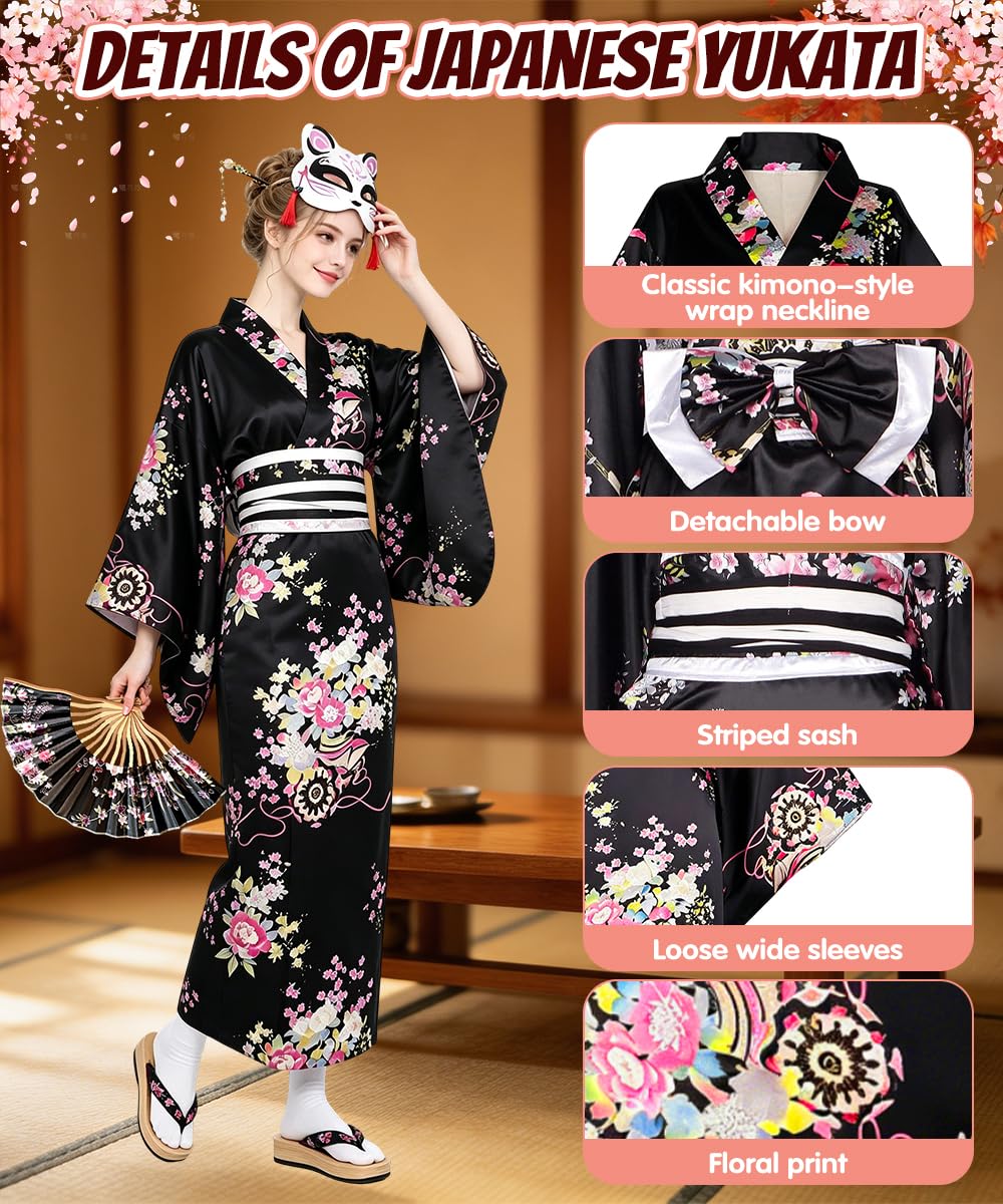 Geisha Yukata Japanisch, Kimono Robe Frau Satin mit Haarnadel, Faltfächer und Tasche, Traditioneller Japanischer Bademantel für Cosplay und Karneval