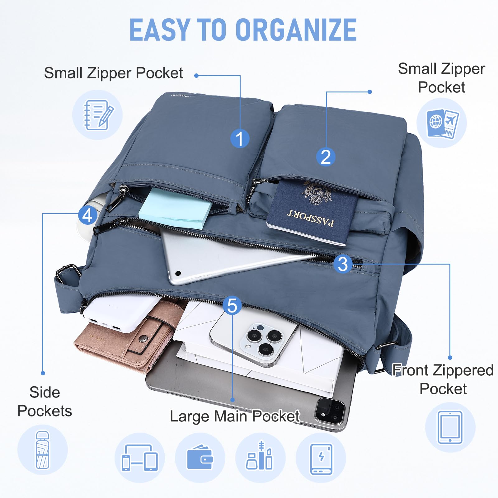 VASCHY Bolso Bandolera Mujer Ligero Impermeable, Bolso Universidad Mujer Casual Bolso Cruzado Múltiples Bolsillos con RFID Antirrobo para Oficina Colegio Viaje