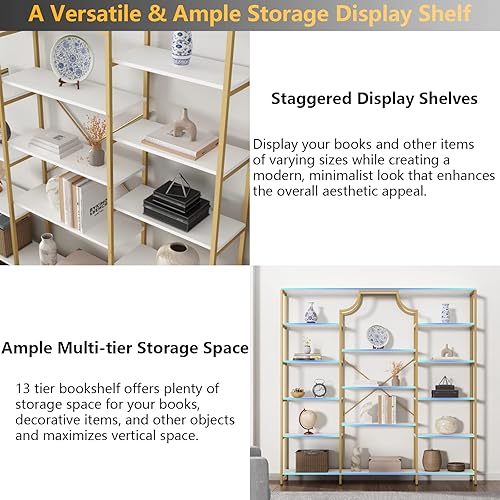 Miniatura 8 de Loomie Estantería triple ancha para libros, 70.87 pulgadas de ancho, estantería grande y alta Etagere moderna de 13 estantes abiertos, estantería