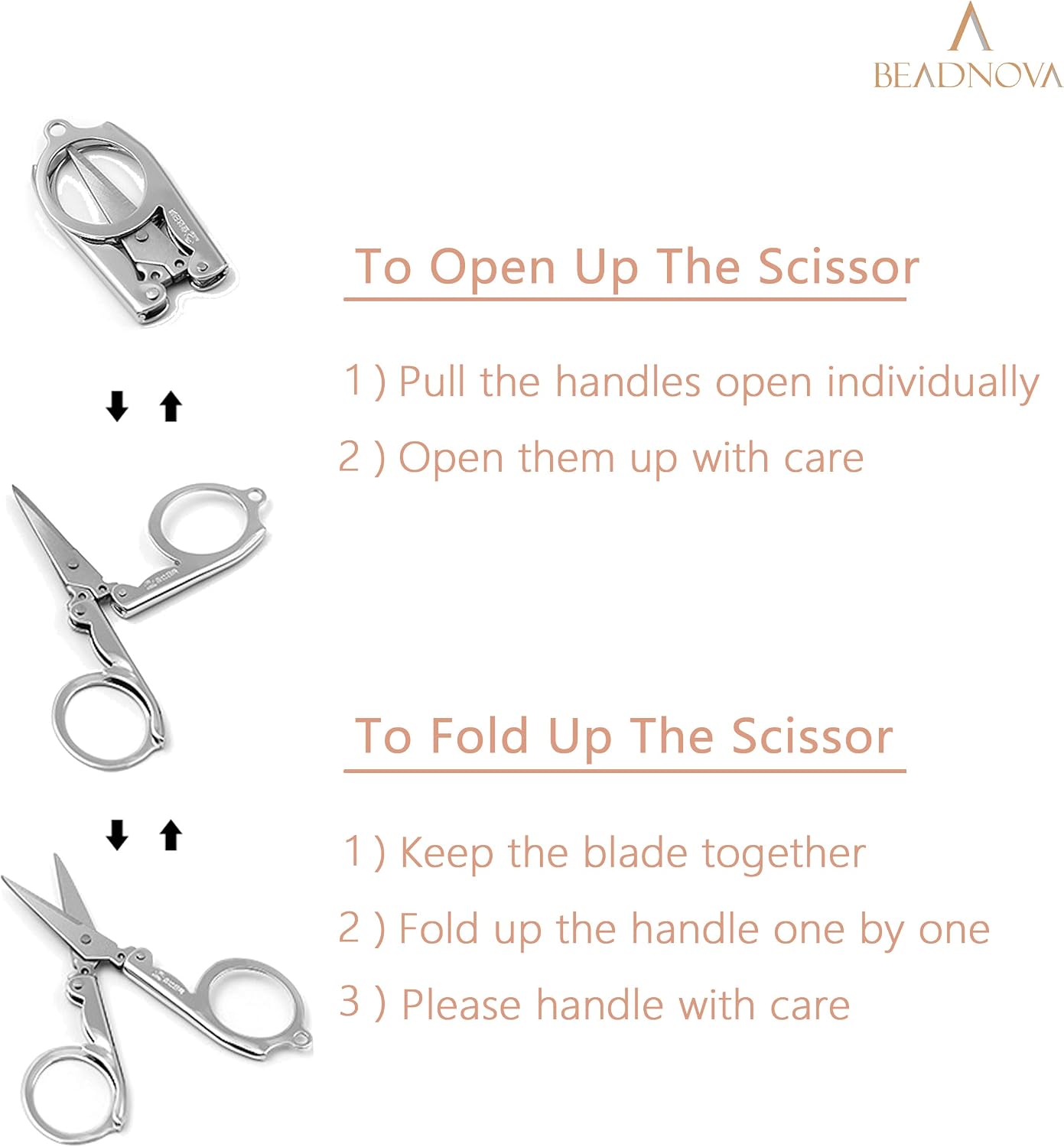 BEADNOVA Folding Scissors with Keychain Stainless Steel Travel Portable Scissors for Craft, Camping, Outdoors (3pcs, Assorted)