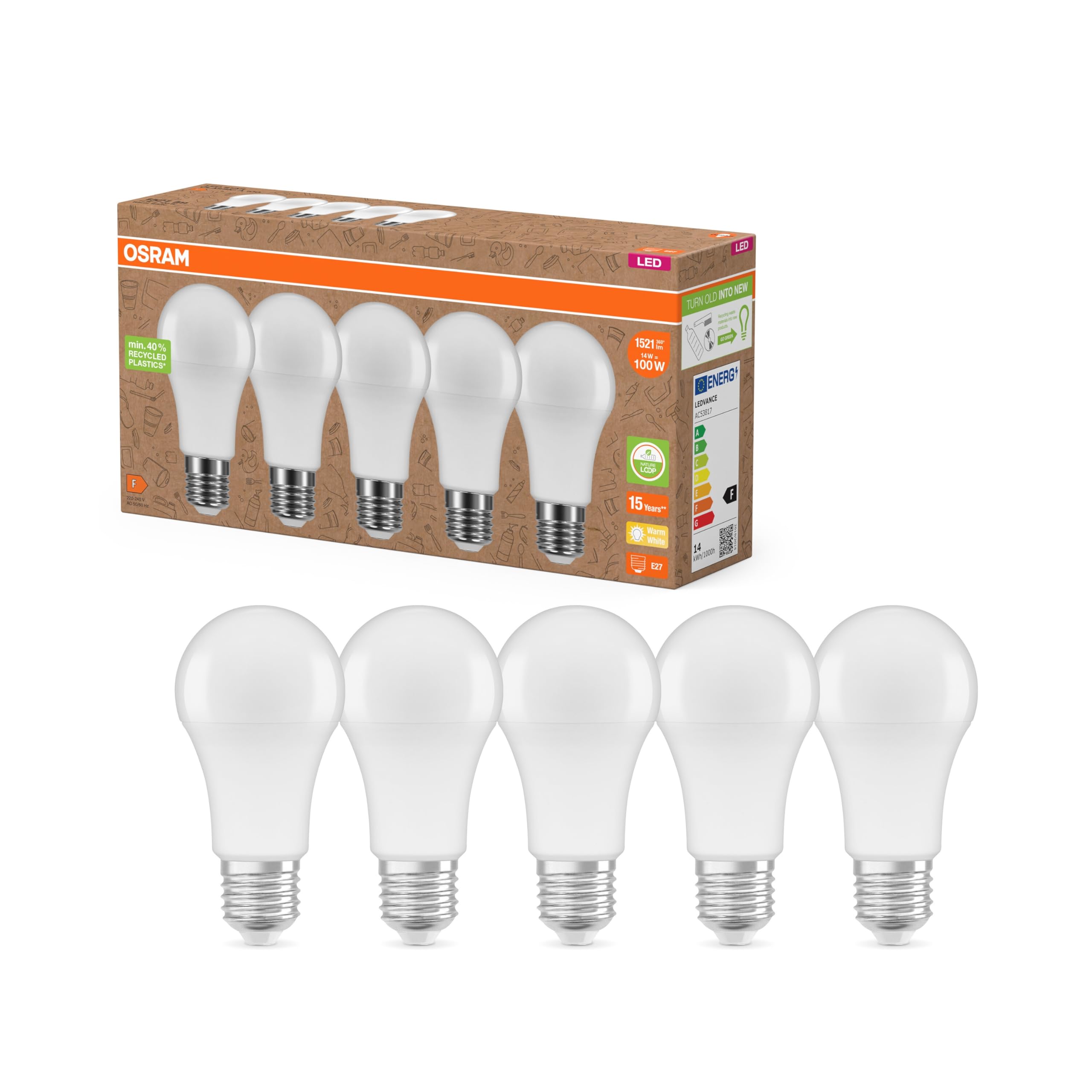 Osram Nature Loop – LED nachhaltige lampen aus recyceltem Plastik, Vorteilspack mit 5 Leuchtmittel, ersetzt herkömmliche 100 W Glühbirnen,warmweiß (2700K), umweltschonend