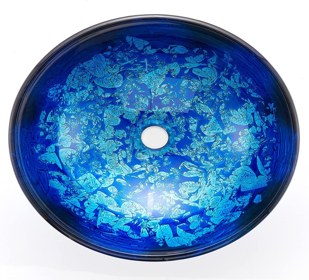 Blue OceanMystery Series Tempered Deco Glass Vessel Bathroom Sink in Starry Blue | Top Mount Sinks Above Countertop | Vanity Countertop Sink Bowl with Pop Up Drain |FW-LA604