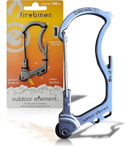 Miniatura 19 de OUTDOOR ELEMENT Firebiner Custom Engraved 6-in-1 Fire Starter Carabiner Multitool – Survival Gear EDC Keychain with Utility Blade, Bottle Opener, GT