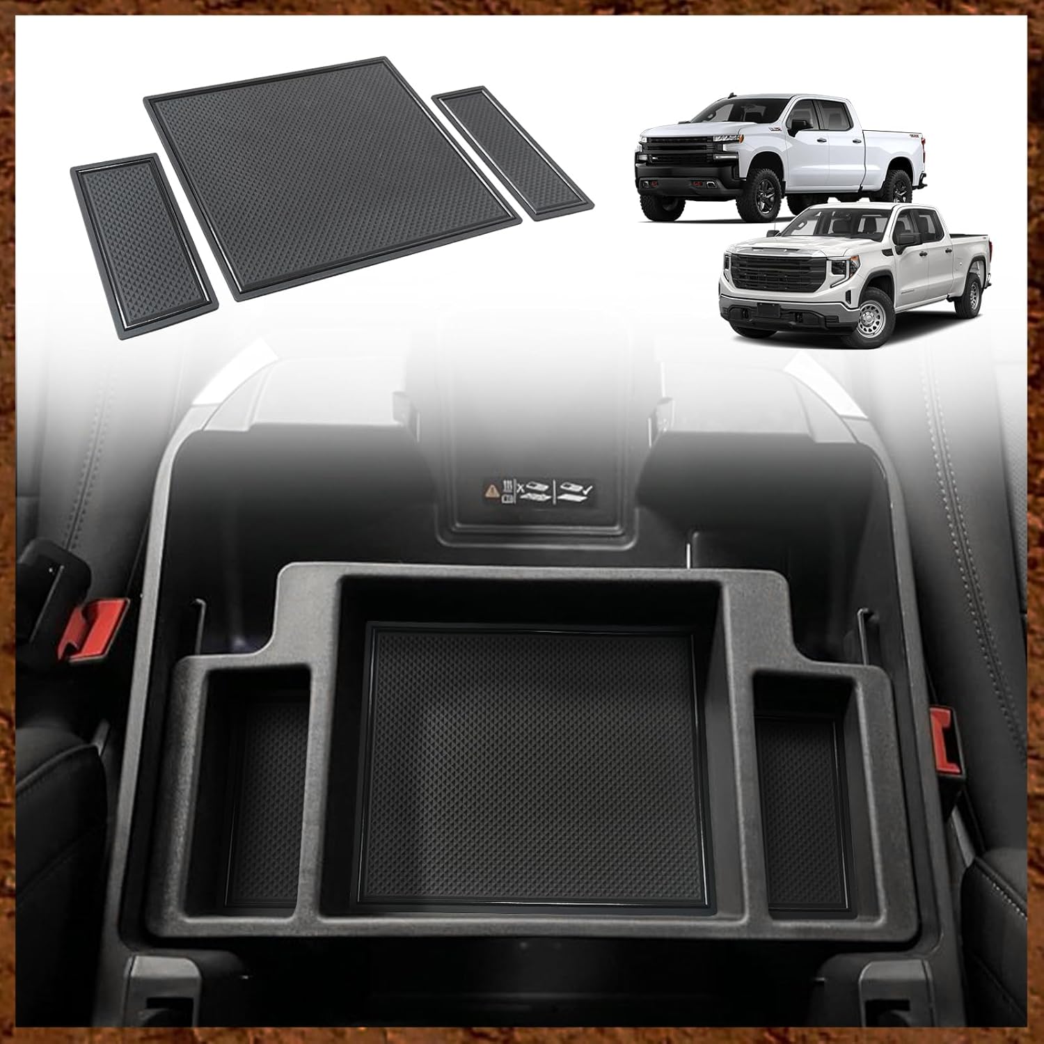 Muslogy Center Console Organizer Compatible with 2022-2026 Chevy Silverado/GMC Sierra 1500, 2024-2026 Silverado & Sierra 2500 3500HD Armrest Storage - Full w/Bucket Seats ONLY(Console Tray&Mats Set)