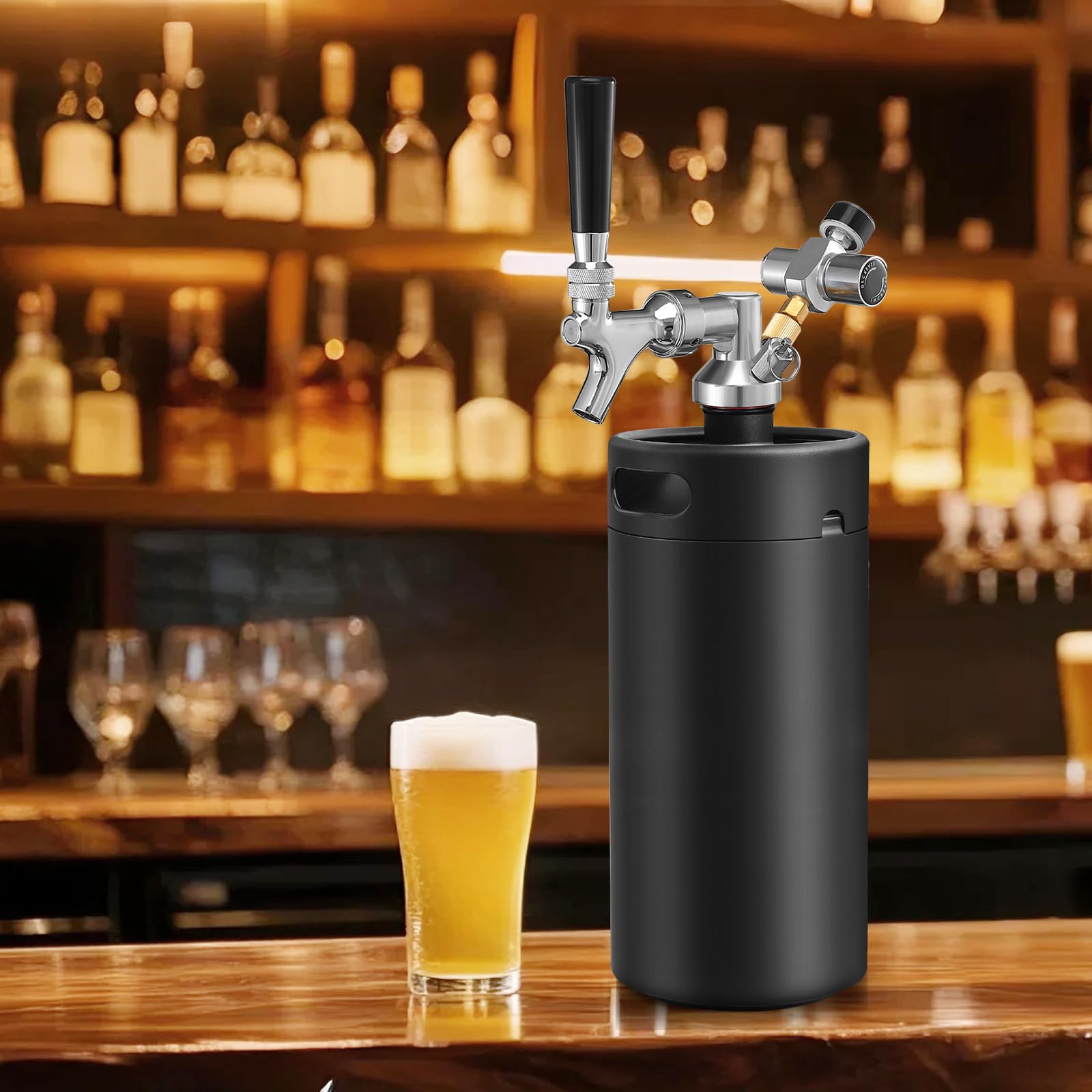 Mini-Fass-Growler, Edelstahl, tragbares Bierfass-Wasserhahn-System | CO2-Druck-Growler mit Kohlensäure, 55 PSI zum Frischhalten, Bierzapf-System für selbstgebrautes Camping, Grillen (schwarz)