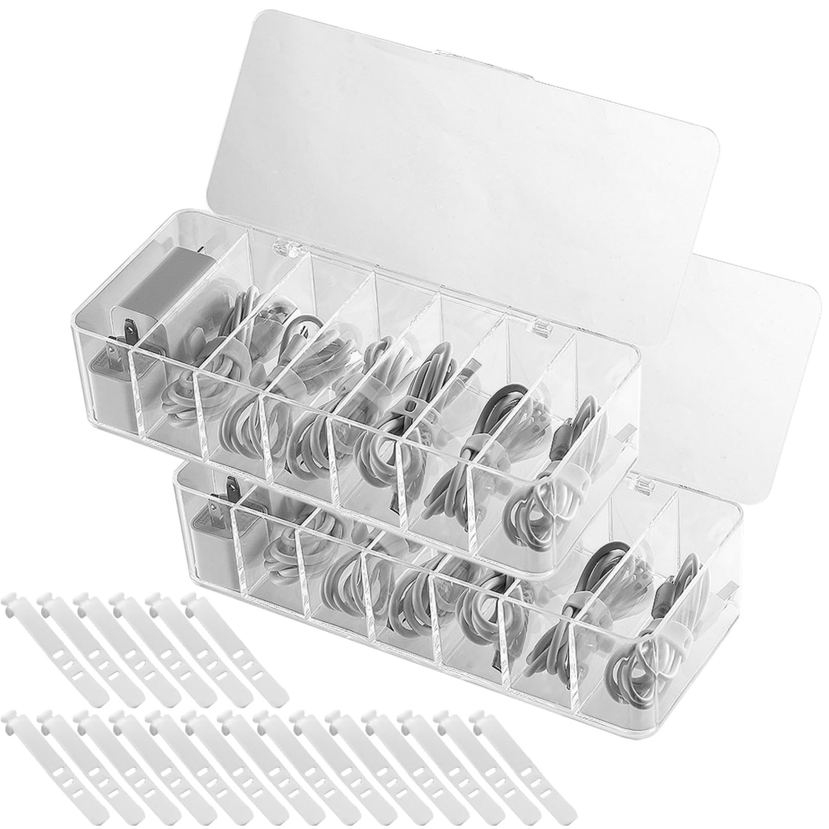 Wedhapy Cable Organizer Box Cable Organizer 2Pcs With 20 Wire Ties Dustproof Box With Lid Clear With 7 Compartments Power Cord