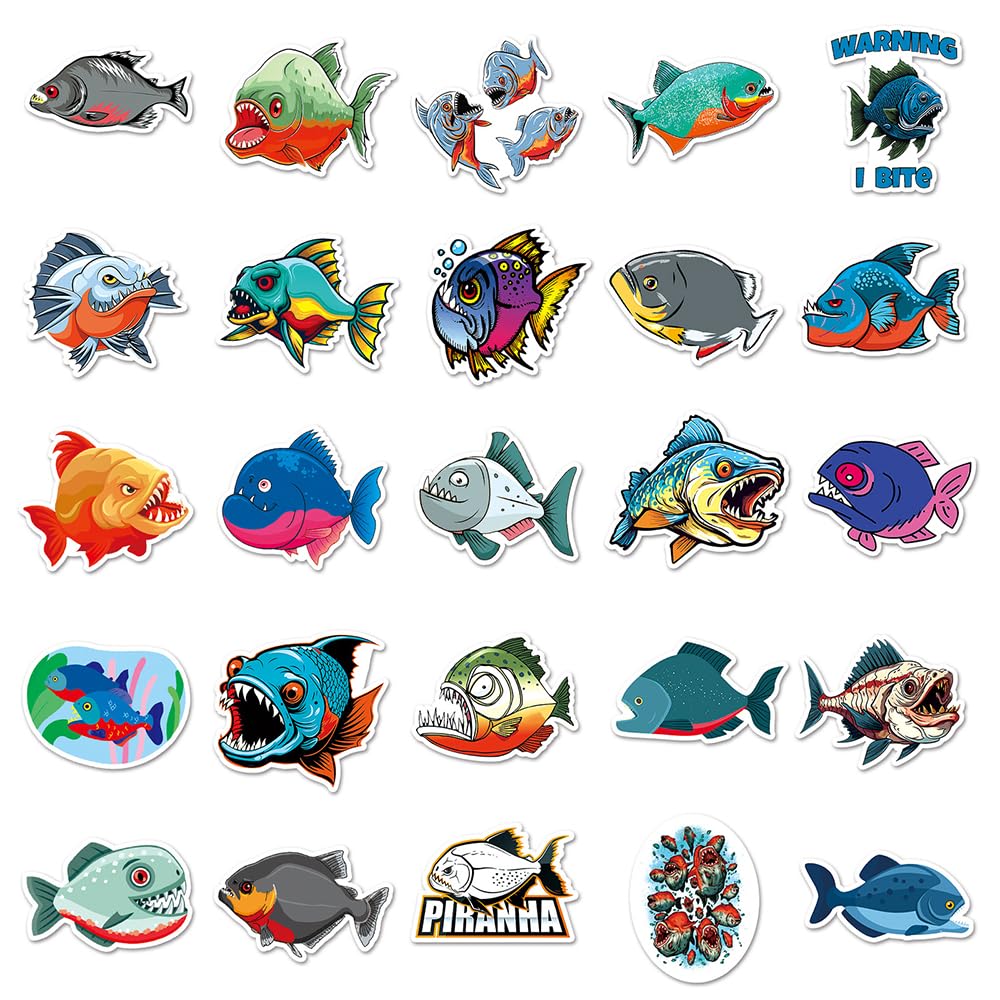 Bold Piranha Vinyl Stickers, 50 PCS Waterproof Illustrated Fish Decals for Laptops Scrapbooking, Journals, Notebooks - Image 3