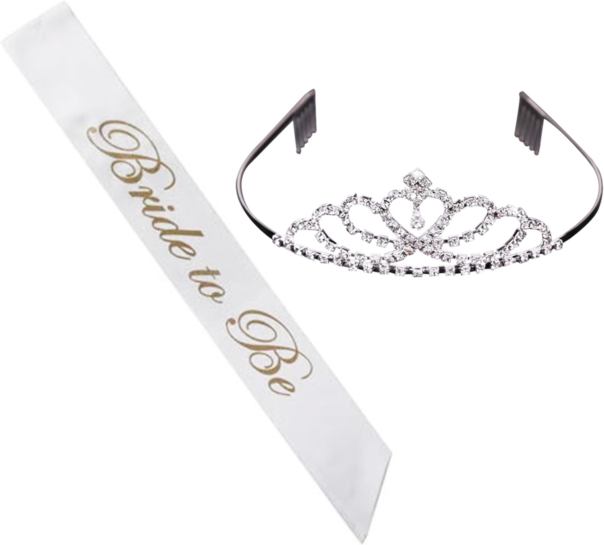 Bride to Be Sash and Tiara: Elegant Metal Alloy and Rhinestone Tiara | Stylish White Satin Bride to Be Sash with Gold Lettering | Bachelorette, Bridal, Wedding Party Accessories