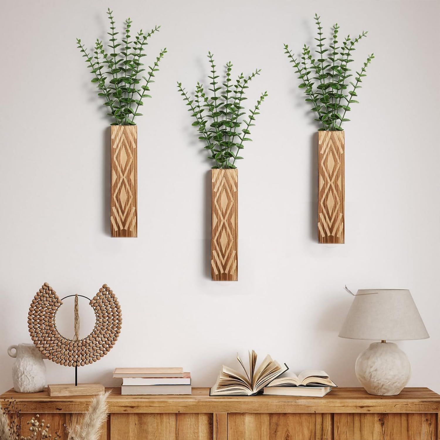 Boho Deko Wandvase Holz 3 Stück Wand Pflanzgefäße Holzvase Innenbereich Wandbehang für Grünpflanzen Getrocknete, Wohnzimmer Wanddekoration Trockenblumen Wandvase (Kiefernholz(ohne Pflanzen))