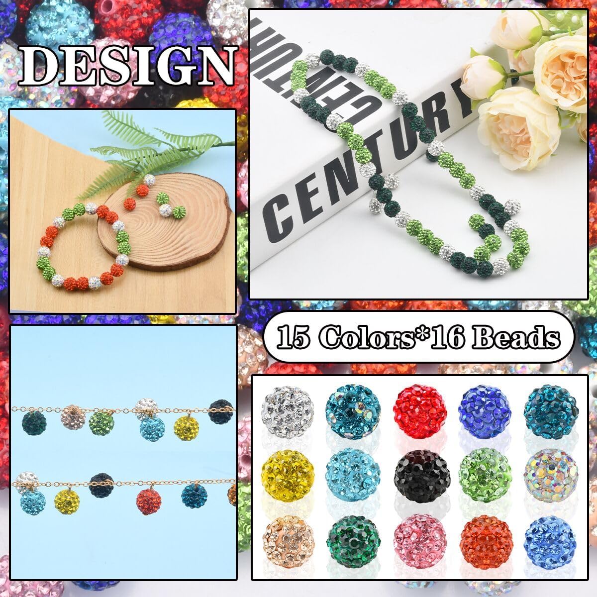 240pcs 10mm Rhinestone Clay Beads for Crafting - Ice Collection Baseball Bling Style, Round Shamballa Disco Ball Design, Fancy Sparkle for DIY Necklace Jewelry Making Christmas Decor (15 Colors)