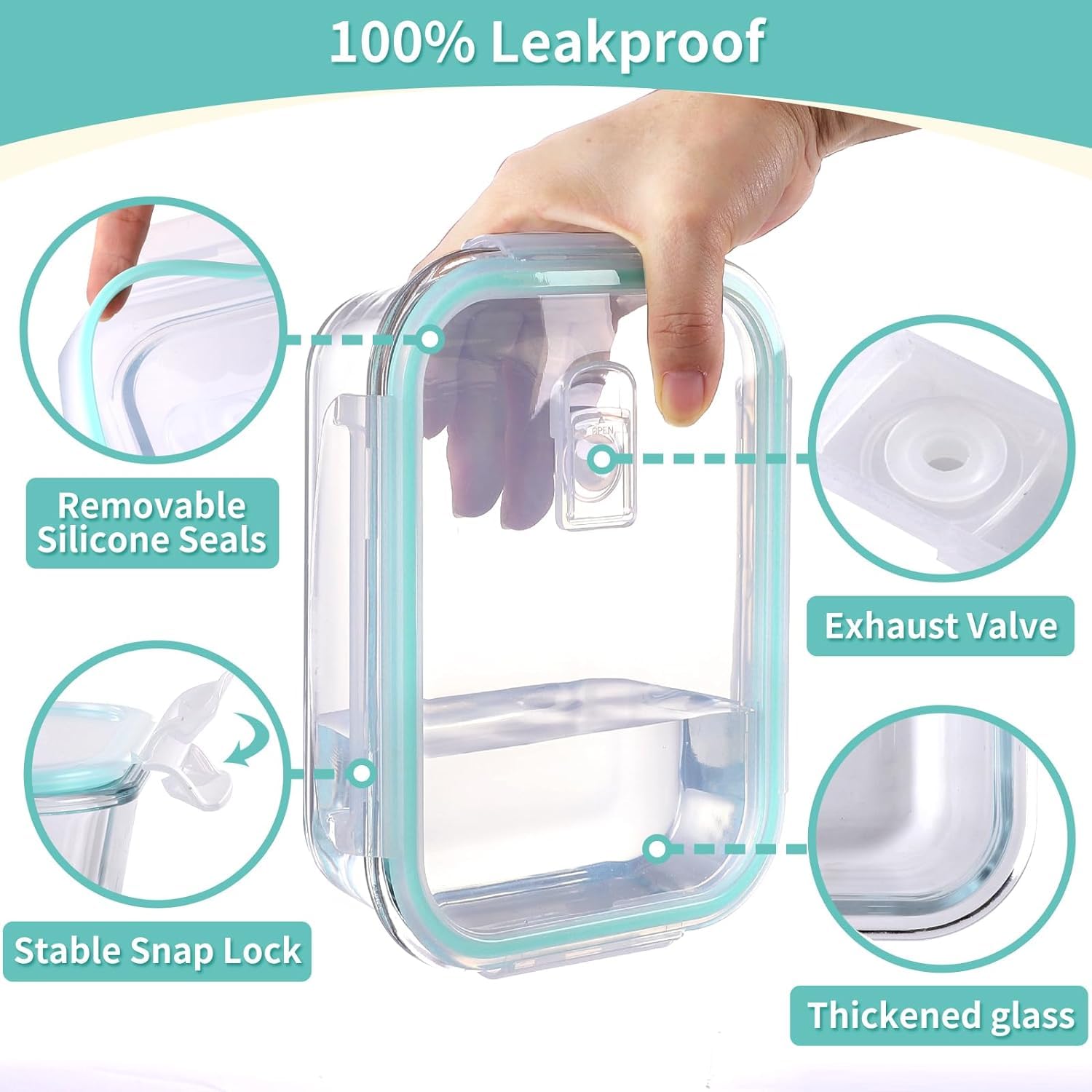 FINSTER Glass Premium Lunch Food Storage Containers with Air Vent Lid, 1000ml, Set of 2, Transparent, Healthy Office 2 Compartment Meal Box for Man & Women, Microwave, Oven, Dishwasher & Freezer Safe - Image 9 thumbnail