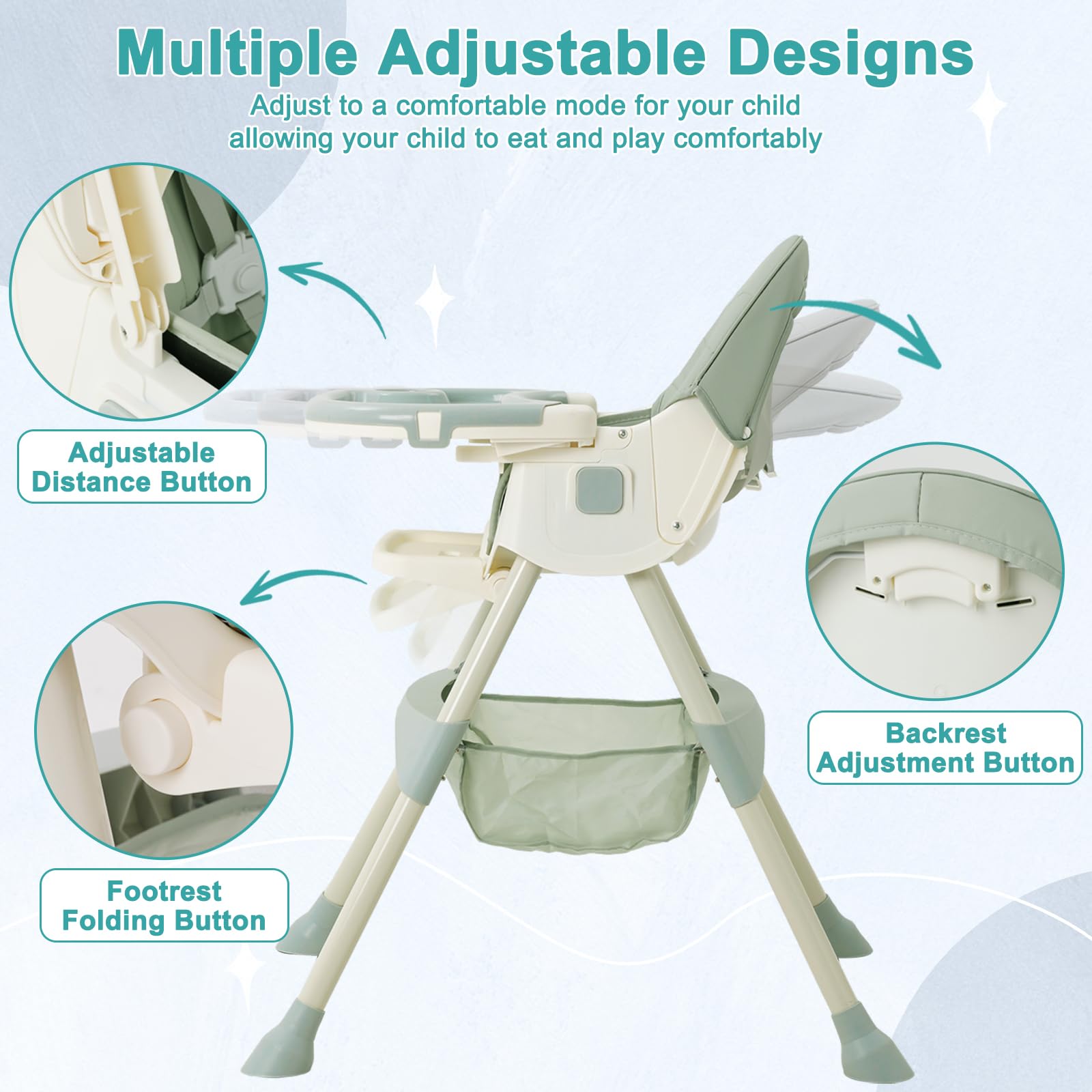 Chaise Haute Bébé Evolutive 3 en 1,Pliable,Inclinable,Double Plateau Détachable,avec Roues Universelles,3 Dossier Réglable et Ceinture de Sécurité à 5 points,Pour Bébé à partir de 6 Mois,Vert