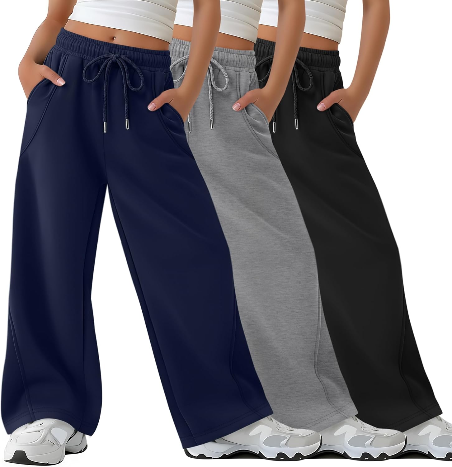 3 Pack Girl's Wide Leg Sweatpants Baggy Drawstring Causal Pants Open Bottom Joggers with Pockets 5-14 Years