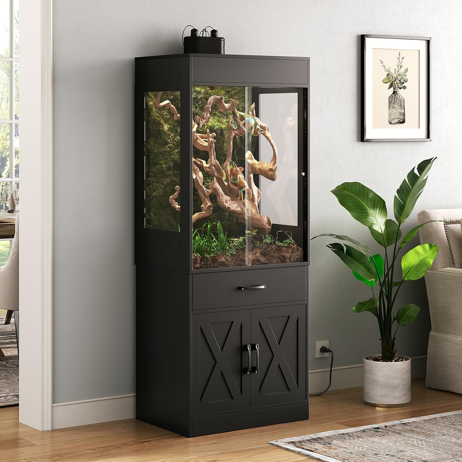 67 Gallon Reptile Tank with Stand,Reptile Enclosure with Cabinet for Lizards,Gecko,Skinks,Snakes,Reptile Terrarium with Power Outlet,Sliding Acrylic Doors,Bearded Dragon Tank Black CAGE001B