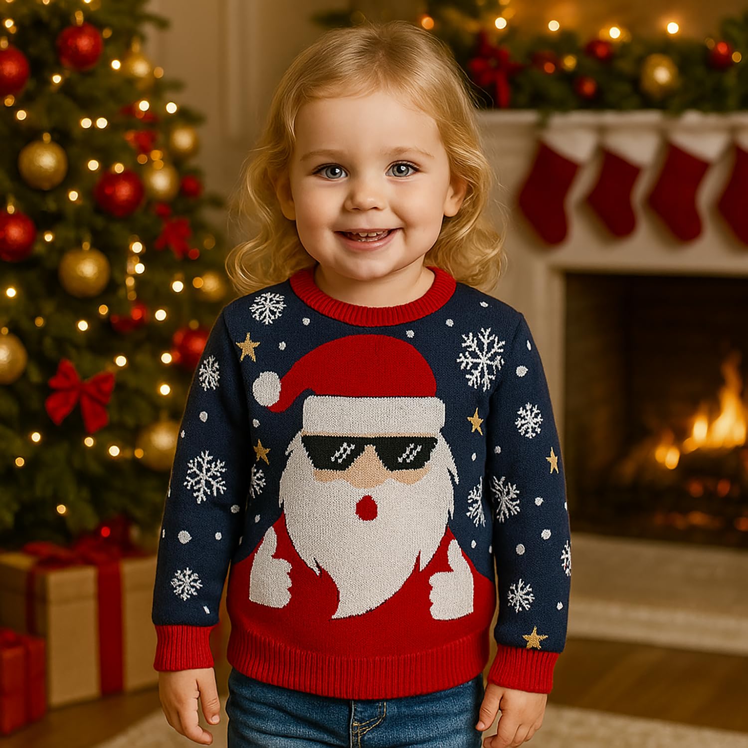 Jersey Navideño Niño 100% Poliéster Estampado Cuello Redondo Multicolor Manga Larga