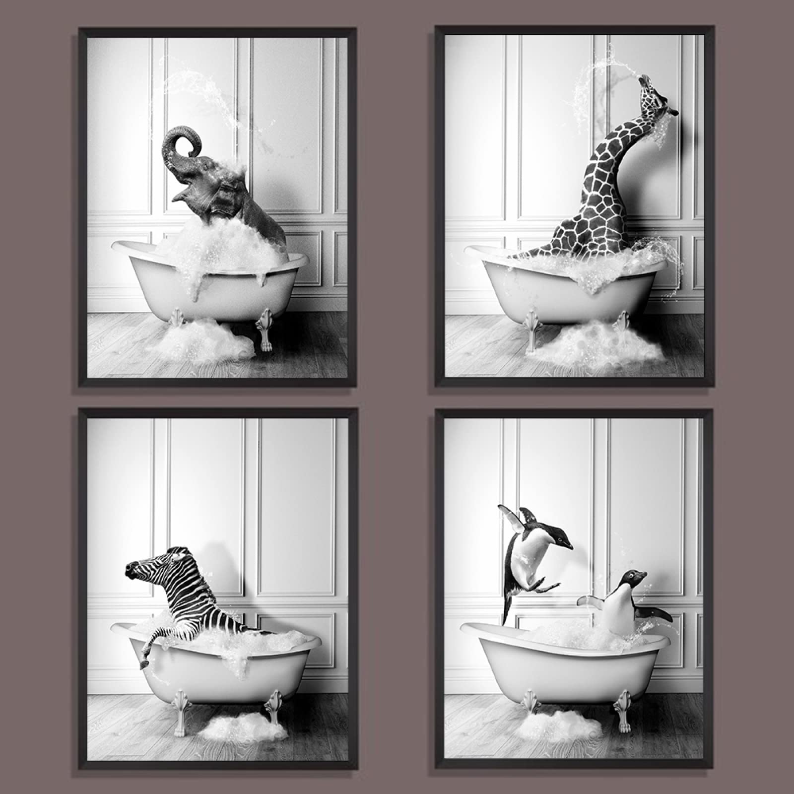 Animal Negro Blanco Pared Arte Impresiones Elefante Cebra PingüInos Jirafa Poster Impresiones Lienzo Pintura Poster NóRdico Cuarto De BañO Hogar Decoracion Sin Marco 20×30cm×4pcs