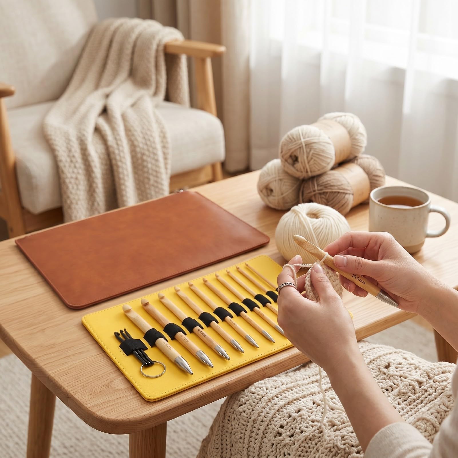 banapoy Set Uncinetti Tunisini, 10 Misure da 3,5 a 10,0 Mm Ganci Ergonomici in Alluminio Intercambiabili, con 4 Cavi Antitorsione e con Cerniera per Coperta Scialle Maglione Sciarpa Cappello Bambola