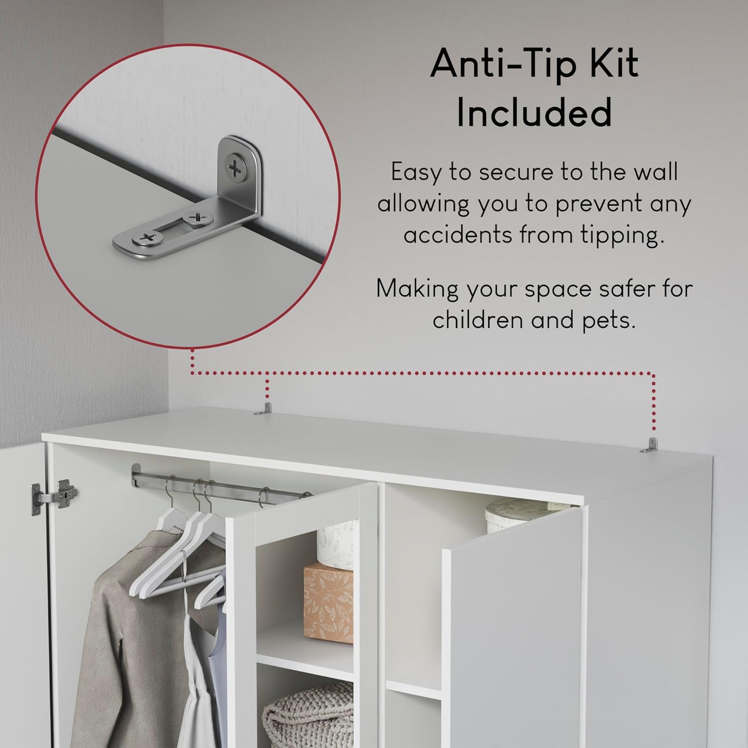 Close-up of the anti-tip kit installation on the wardrobe