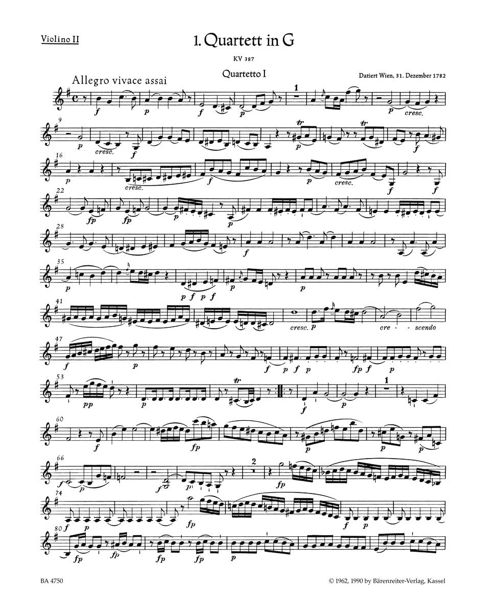 Die zehn berühmten Streichquartette. The Ten Celebrated String Quartets. Stimmensatz, Urtextausgabe, Sammelband. BÄRENREITER URTEXT: Für zwei ... Neuen Mozart-Ausg. Hrsg. v. Ludwig Finscher