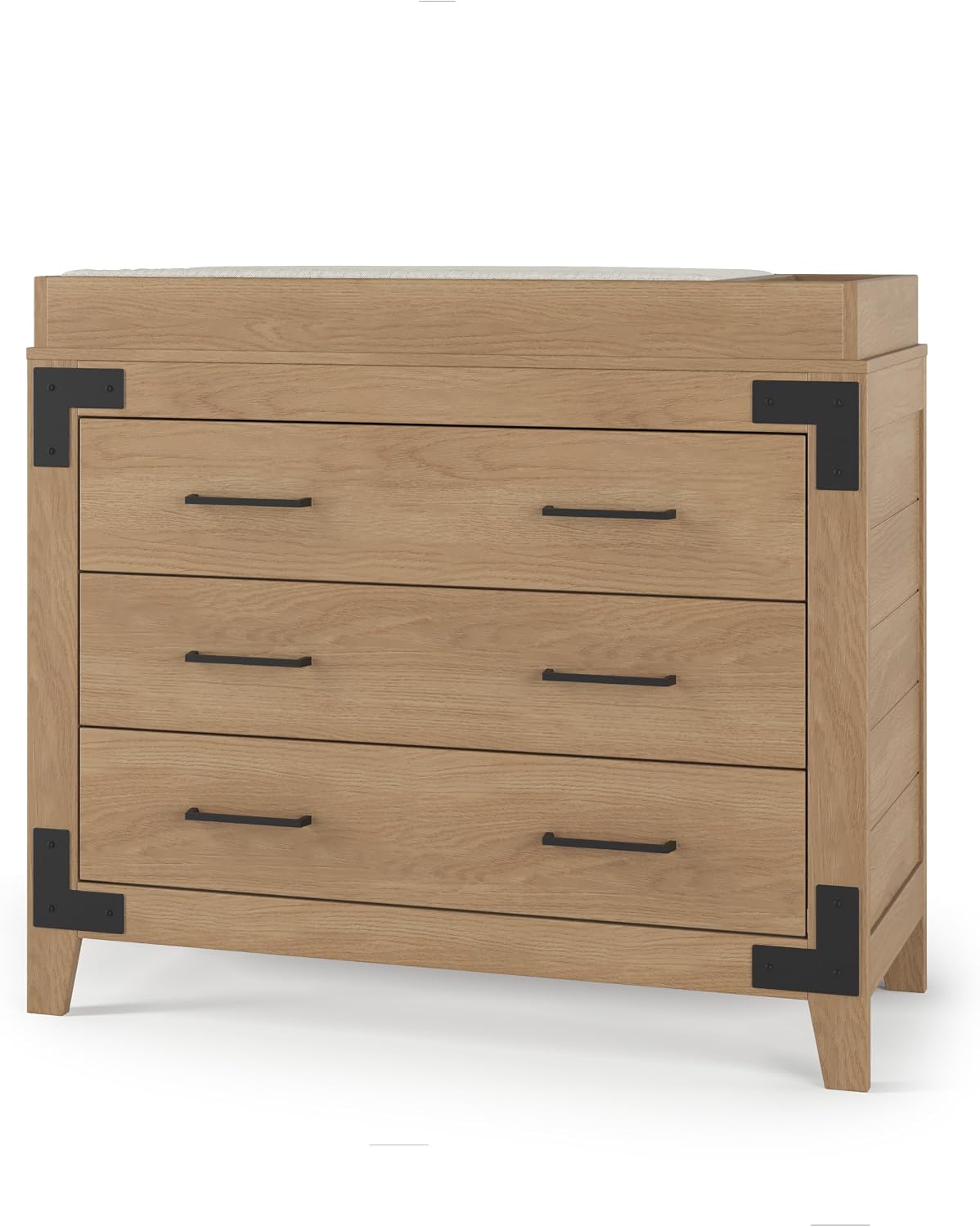 Child Craft Lucas 3-Drawer Dresser, 42.09" W Modern Nursery Dresser with Metal Pulls, Bracket Accents, Baby-Safe Finish, Nutmeg