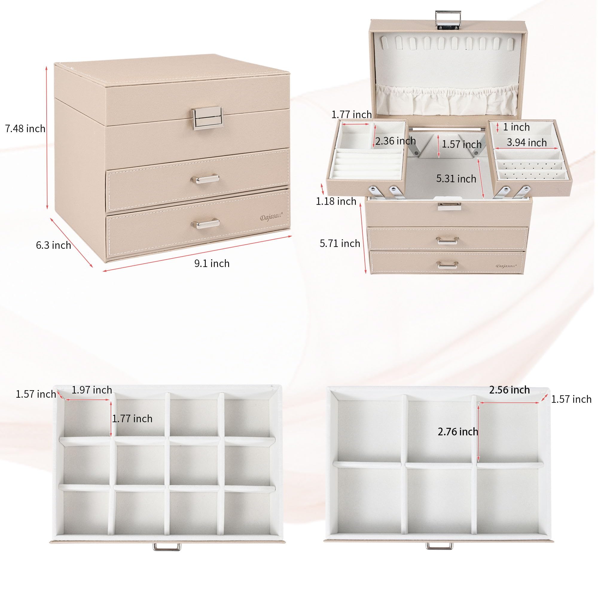 Dajasan Schmuckkästchen, Schmuckaufbewahrung, 4 Ebenen Schmuckschatulle mit 2 Schubladen, Groß Schmuckbox für Schminktisch, Modern, Geschenk für Frauen & Mädchen (Champagnerfarbe)