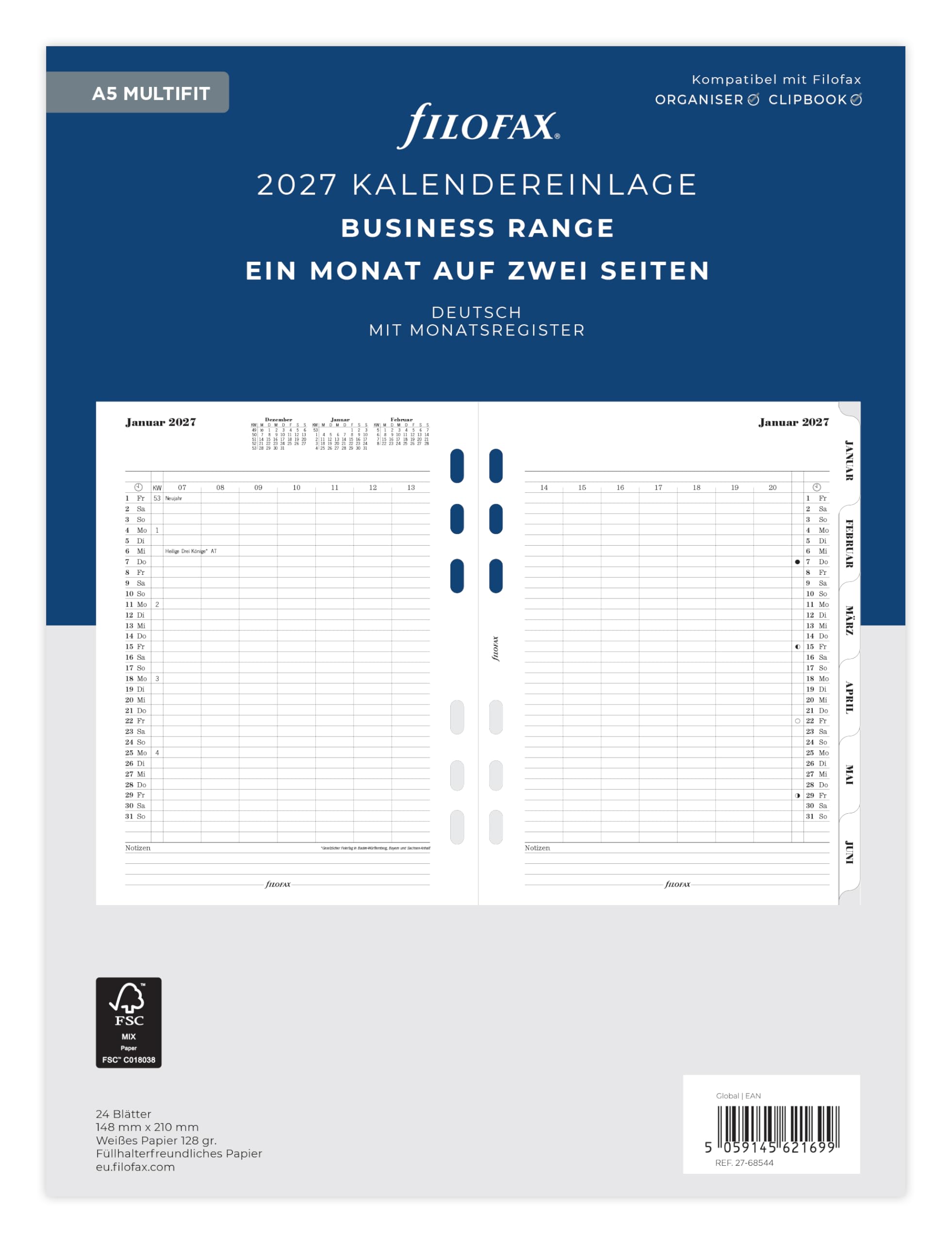 Filofax Calendar Insert A5 Multi 1 Month on 2 Pages Tabbed German 2027