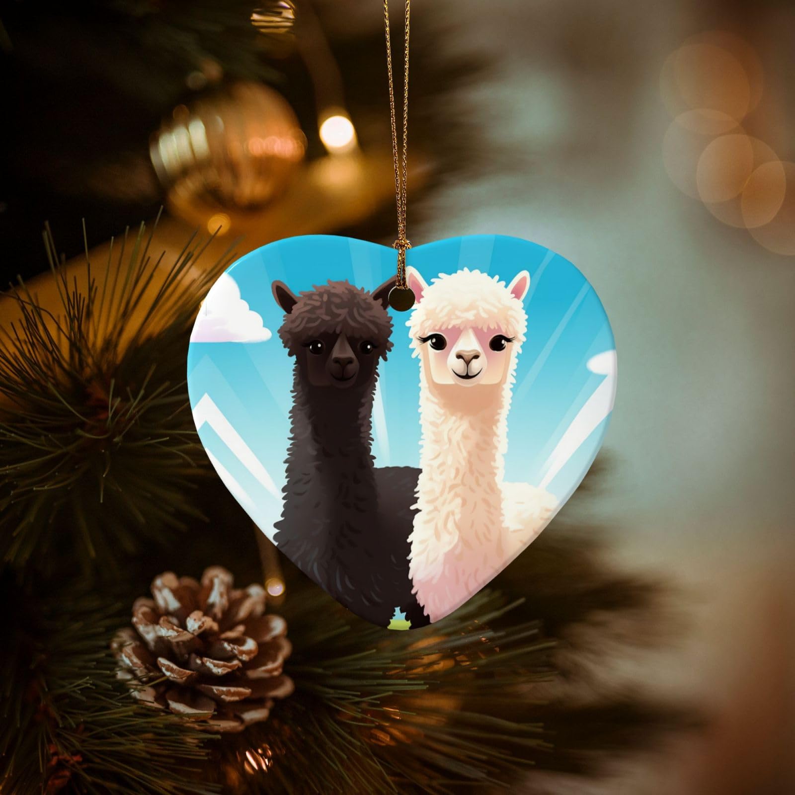 Christmas Tree Ornaments Ceramics Christmas Decorations Alpaca Ornaments with Gold Ribbon Porcelain Xmas Tree Crafts Heart Shape Hanging Pendant for Christmas Tree Party Decor