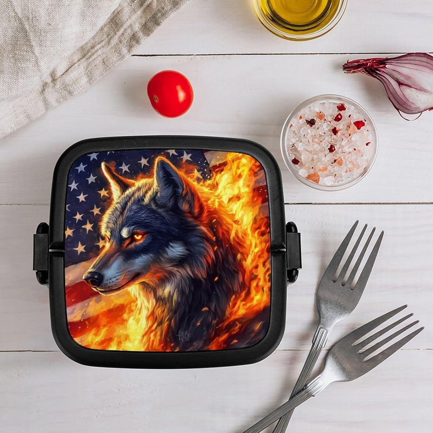 Fire Wolfs USA Flag Bento Box with Spoon 2 Layer Food Container Cute Lunch Box for Travel Dining Work