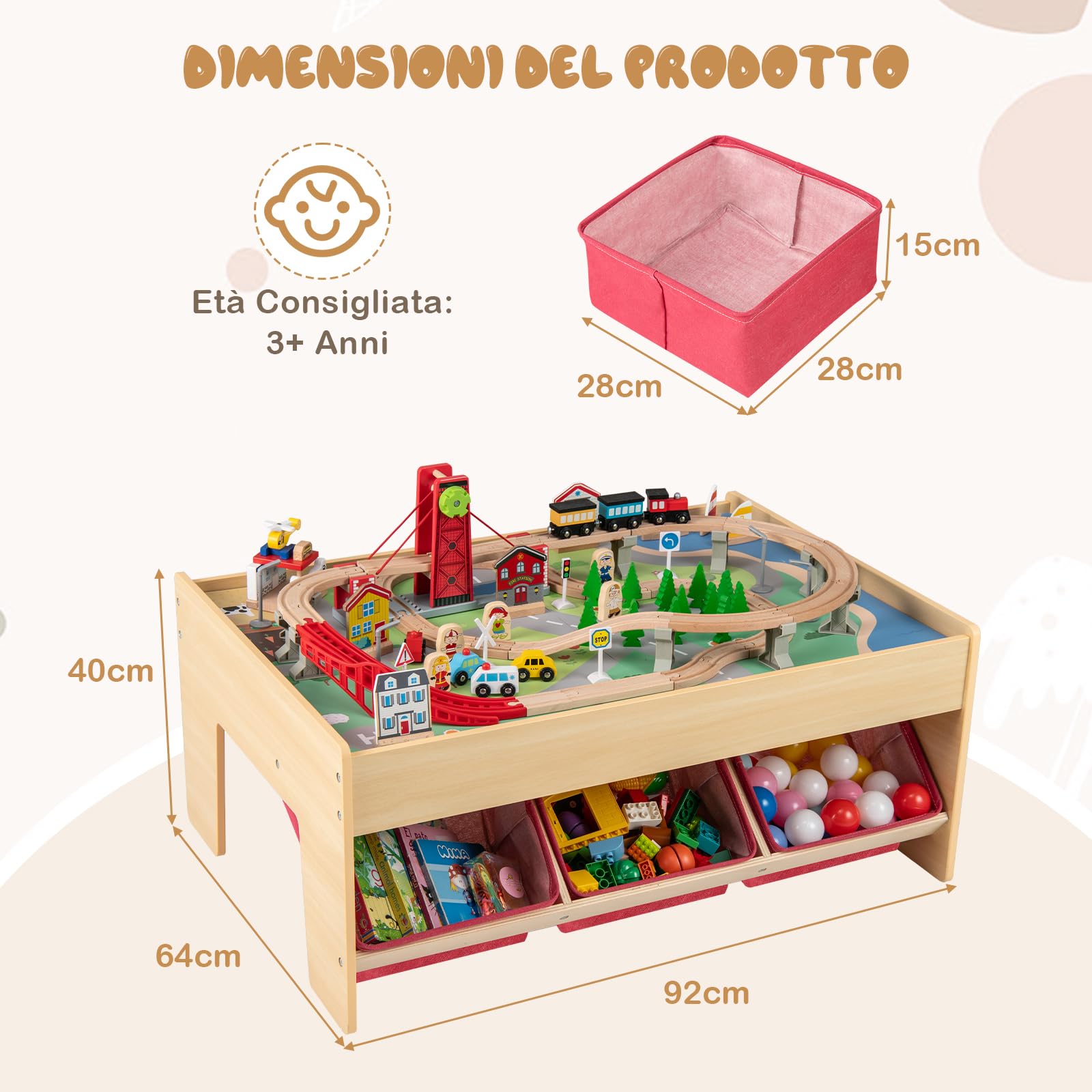 RELAX4LIFE Tavolo con Set Treno in Legno da 92 Pezzi, Tavolo Gioco Multifunzionale con Superfici Reversibili, 3 Contenitori Pieghevoli in Tessuto, Binari, Macchinine, Set Treno per Bambini da 3+ Anni